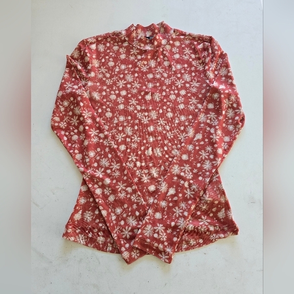 Black Tape Blouse Women XS Orange White See Thru Turtle Neck Sheer Y2k Stretchy - Picture 3 of 10